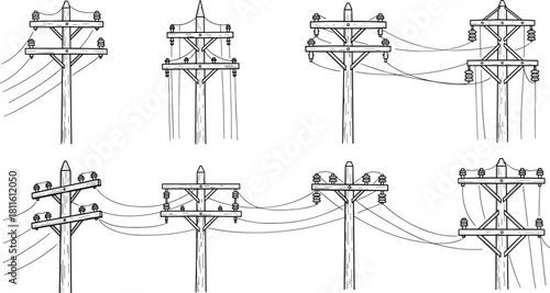 Utility pole illustrations, electrical wire configurations, power line infrastructure, engineering blueprint, technical drawing, energy distribution, grid design, insulators