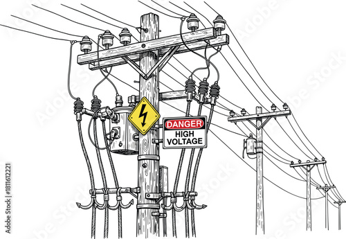 Utility pole with high voltage warning signs, electrical wires, transformers, insulators, power distribution, safety hazard illustration