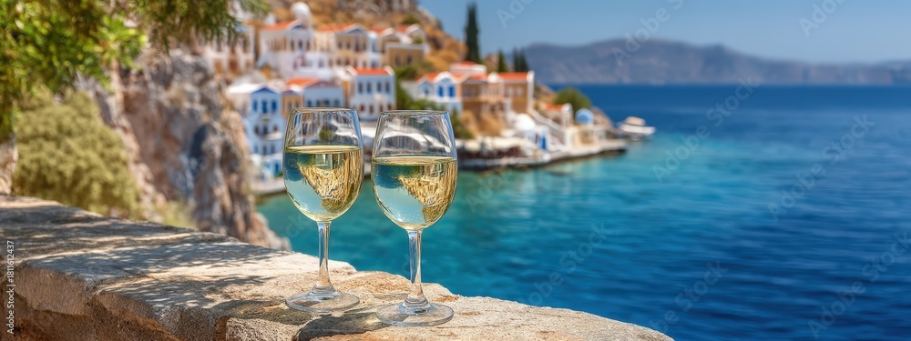 Obraz premium Two glasses of white wine on a stone wall overlooking a turquoise bay and Greek town