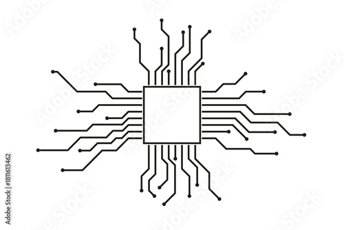 Minimalist microchip illustration with radial circuit lines and connection points, symbolizing modern electronics and digital connectivity.
