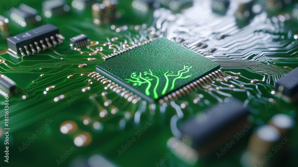 Obraz premium Close-up of green circuit board with ESG letters and organic patterns showcasing digital innovation. Environmental social governance investment