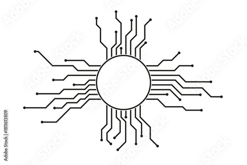 Stylized microchip with radial circuit lines and contact points, symbolizing digital connectivity and modern electronic technology.