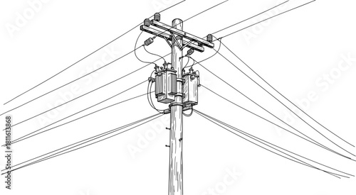 Utility pole, electrical wires, power distribution, transformer, infrastructure, energy grid, urban network, voltage, insulator, cable, connection, electricity, transmission, engineering