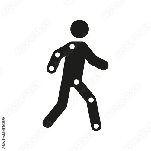 Stylized human figure with highlighted joints, representing motion capture, biomechanics, joint treatment, and robotics.