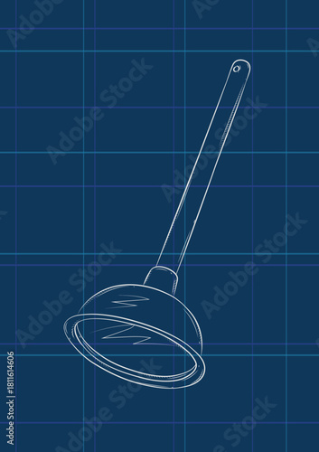 Plunger hand drawn doodle. Clearing clogged pipes at home. Drawing in graphic style on blue background