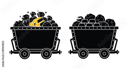Two mining carts one full of coal and one with gold and diamonds