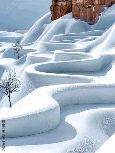 A surreal landscape of undulating snow-covered terraces with stark, bare trees and a rocky cliff face.