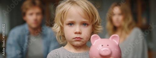 Upset child holding a pink piggy bank, with blurred parents arguing in the background