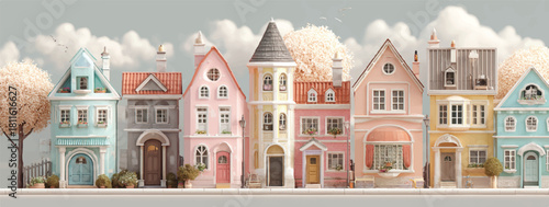 Colorful Cartoon Houses in a Row with Trees and Cloudy Sky