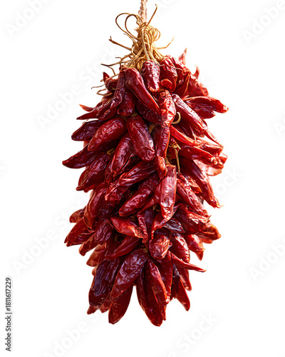 Close up of hanging dried red chili ristra with deep red wrinkled peppers.