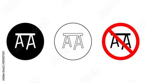 Vector sawhorse icon set featuring filled, outline, and banned versions inside circular frames. Ideal for construction, woodworking, carpentry, tools, and industrial safety graphics