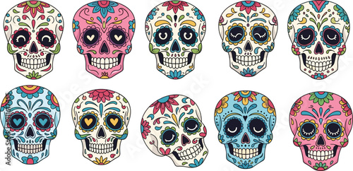 Colorful sugar skulls with floral patterns, Day of the Dead celebration, Mexican tradition, vibrant decorative skull illustration
