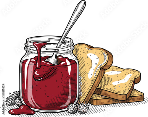 Vintage breakfast illustration, raspberry jam, buttered toast, spoon in jar, retro food art, homemade snack, morning meal