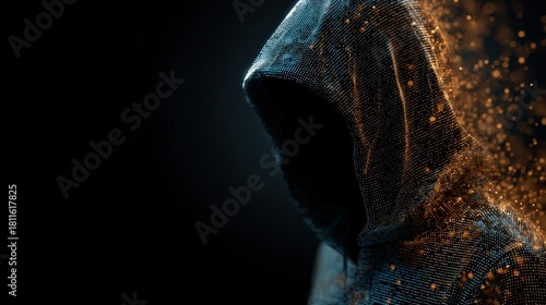 Hooded hacker made of glowing digital mesh working in cyberspace