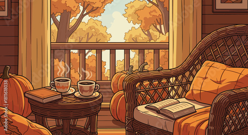 Cozy autumn porch scene with pumpkins, wicker chair, orange cushion, coffee cups, open book, fall foliage, warm seasonal atmosphere