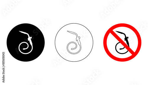 Icons of a hose reel in filled, outline, and restricted formats for gardening or safety graphics