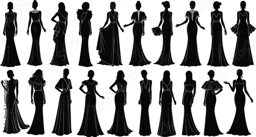 Silhouettes of elegant women in evening gowns, fashion poses, formal dress styles, stylish female figures, graceful outfit variations