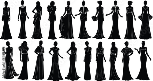 Silhouettes of women in elegant evening gowns, fashion poses, formal dress styles, graceful figures, stylish outfit variations, chic designs