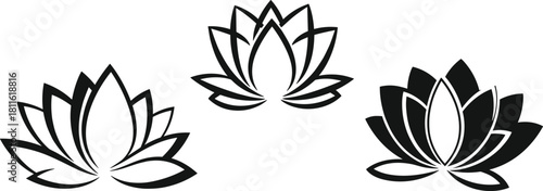 Stylized lotus flower designs in black, symmetrical petals, tattoo art, spiritual symbol, decorative floral icons, graphic illustration set