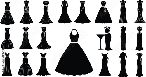 Silhouettes of women’s dresses, fashion design elements, formal wear styles, ball gown centerpiece, high heel and martini icons