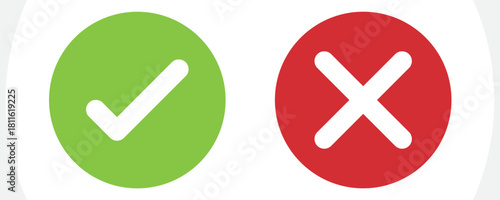 Hand drawn of Green check mark and Red cross isolated. Right and wrong icon. Vector illustration.
