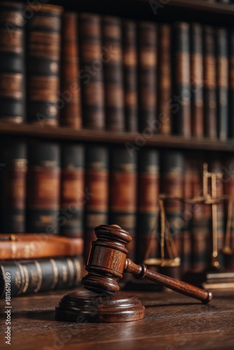 Wallpaper Mural A wooden gavel rests on a desk in front of a large, blurred bookshelf filled with legal volumes Torontodigital.ca