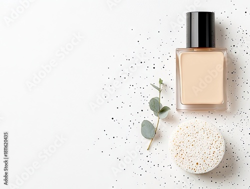 A bottle of liquid foundation, a eucalyptus sprig, and a round cosmetic sponge are arranged on a white surface with scattered black dots.