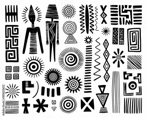 Collection of hand drawn african tribal inspired patterns and symbols