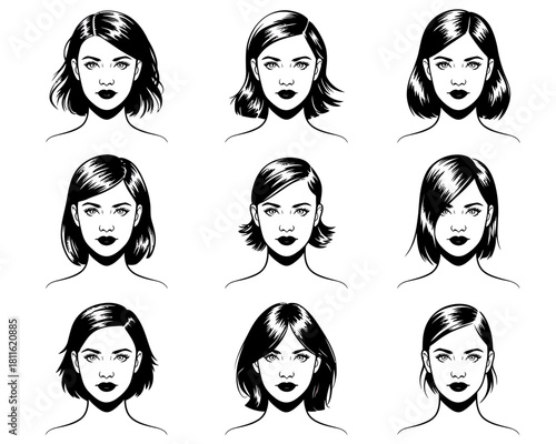 Collection of nine diverse female hairstyles in black and white illustration
