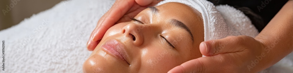 Naklejka premium Woman enjoying a facial massage and skincare treatment session in a spa salon