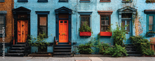 Colorful row houses with vibrant doors and flourishing plants in city