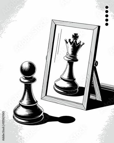 Pawn sees king in mirror reflection symbolizing ambition and potential