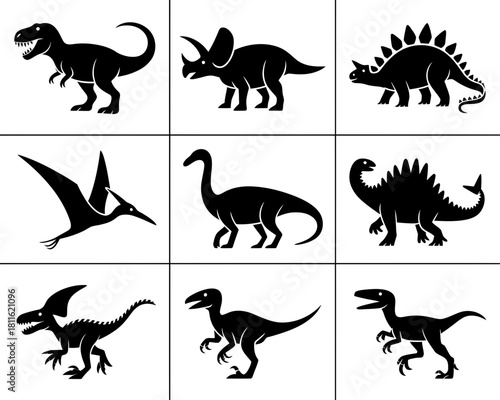 Collection of nine black dinosaur silhouettes on a white background