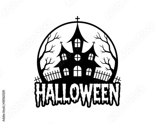 Spooky haunted house silhouette with dripping halloween text
