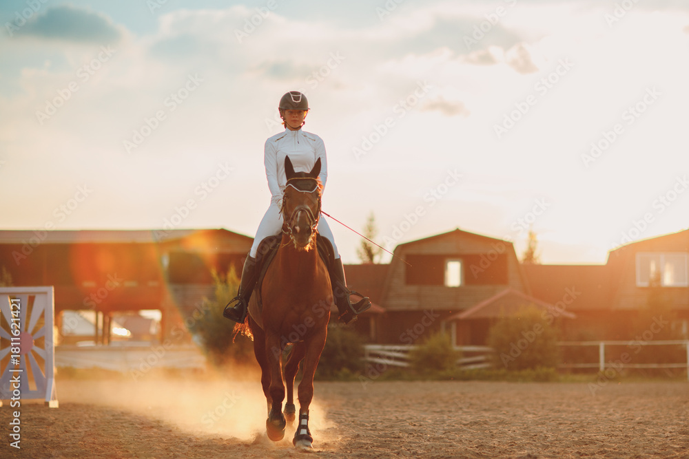 Fototapeta premium Woman rider jockey in helmet and white uniform preparing horse racing