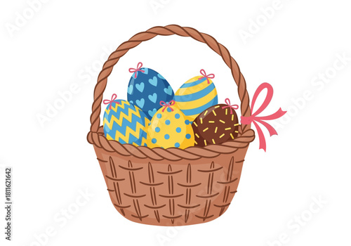 Flat Vector Easter Basket with Decorated Eggs - Spring Holiday Illustration
