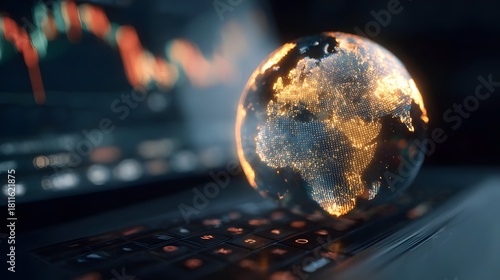 Laptop close-up with glowing money-transfer globe, double exposure, stock exchange theme. Digital finance, global transfers, online banking, stock exchange, fintech, currency trading, digital transact