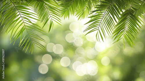 Tropical green palm leaves with sunlight and bokeh background