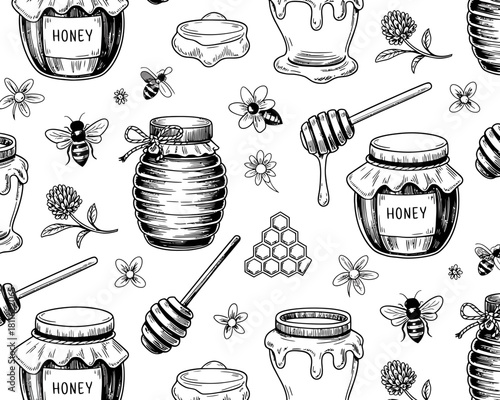 Hand drawn honey bees flowers and jars seamless pattern