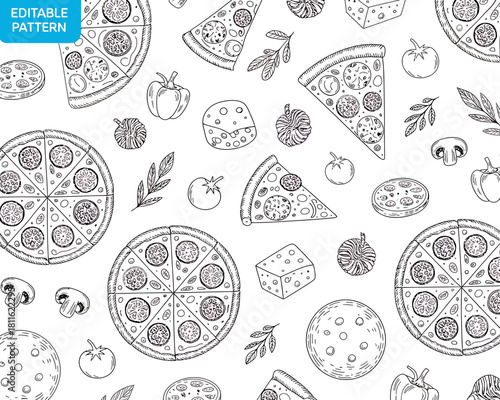 Hand drawn pizza ingredients seamless pattern with slices and whole pizzas
