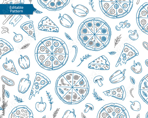 Hand drawn pizza slice and whole pizza pattern with vegetables and mushrooms