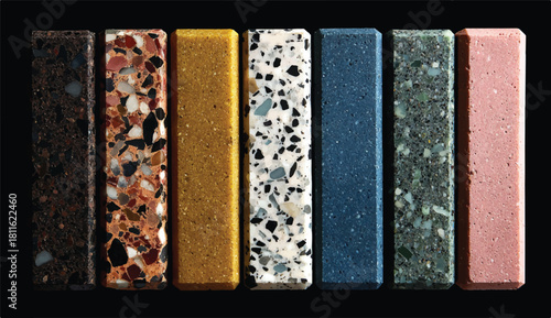 Colorful Terrazzo Stone Samples Displayed in a Row for Design Inspiration