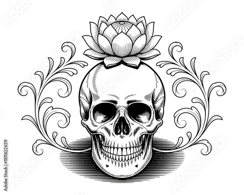 Skull with lotus flower and ornate flourishes black and white illustration