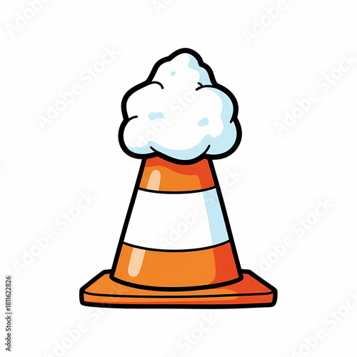 Traffic cone topped with snow in a playful, cartoon style  