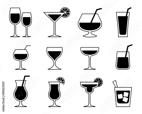 Collection of twelve stylized cocktail and drink glasses icons