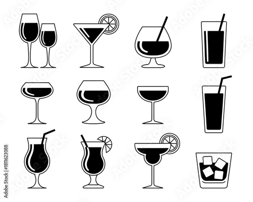 Collection of twelve different cocktail and drink glasses icons