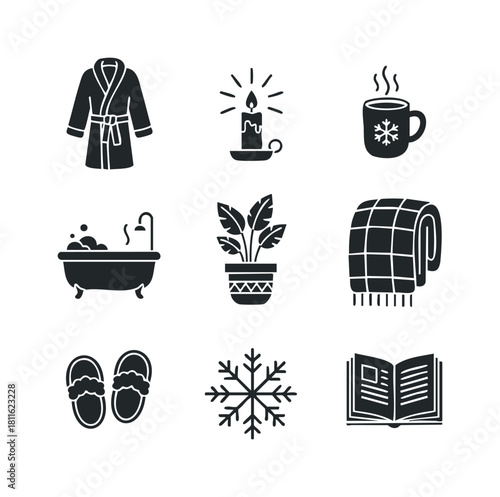 Cozy home essentials and winter comfort elements including a bathrobe, candle, hot drink, bathtub, houseplant, warm blanket, slippers, snowflake, and open book for relaxation themed content.
