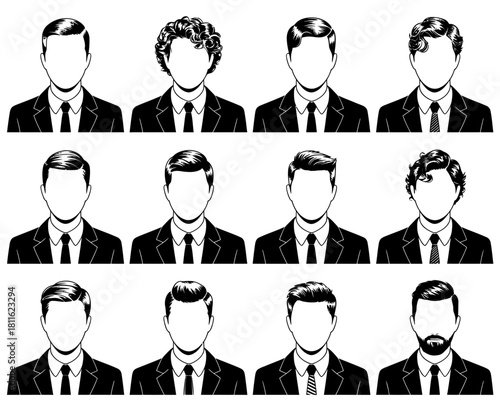 Collection of diverse male hairstyles and suits in black and white