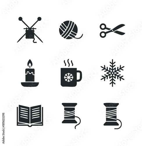 This versatile collection of winter and craft related glyph icons is perfect for seasonal projects, handmade hobby materials, or cozy home activities branding and applications.
