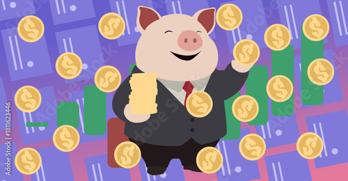 A pig in a black suit is smiling because it is rolling in money